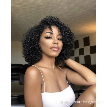 Onst Cheap Price Afro Kinky Curly Wig with Bangs Synthetic Wig Ombre Black Curly Pixie Cut Wig Mixed Women Short 130% for Black
